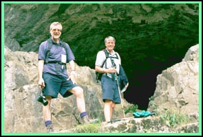 Mick and Barry at mouth of cave in Deep Dale.